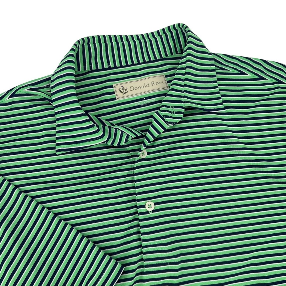 Donald Ross Mens Large Green Navy Striped Golf Shirt Greenville Country Club